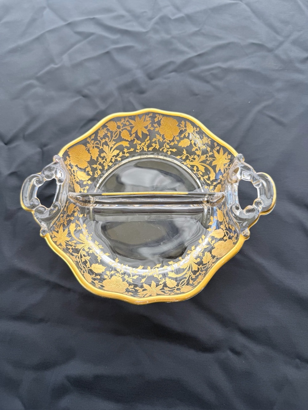 Cambridge Glass Gold Encrusted Wildflowers Divided Relish Dish Plate Vintage Dec
